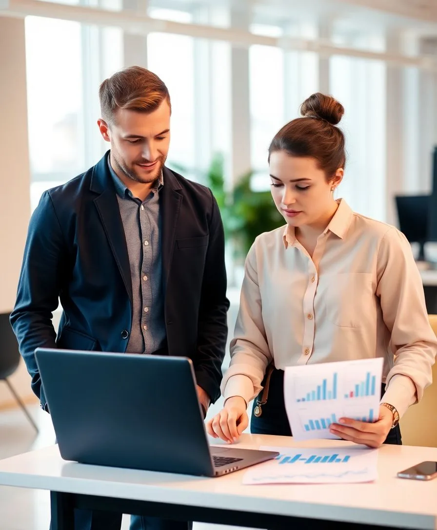 Two entrepreneurs reviewing financial charts on a laptop in a startup workspace