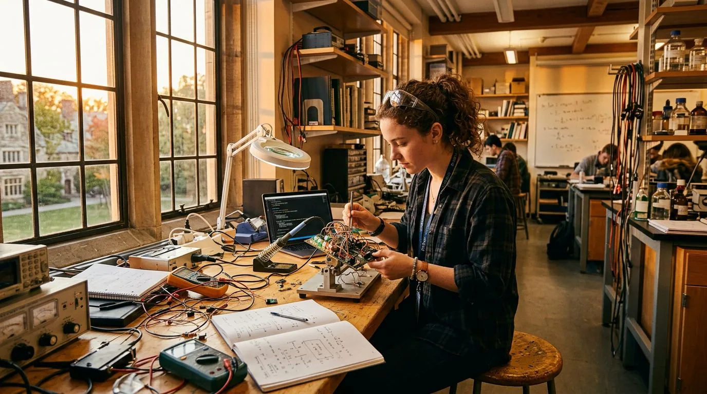 University research lab interior with golden afternoon light, inventor at a workbench