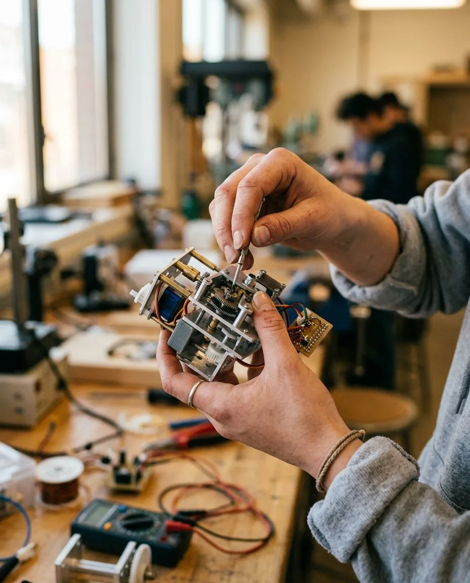 Student inventor examining a small mechanical prototype in a university workshop